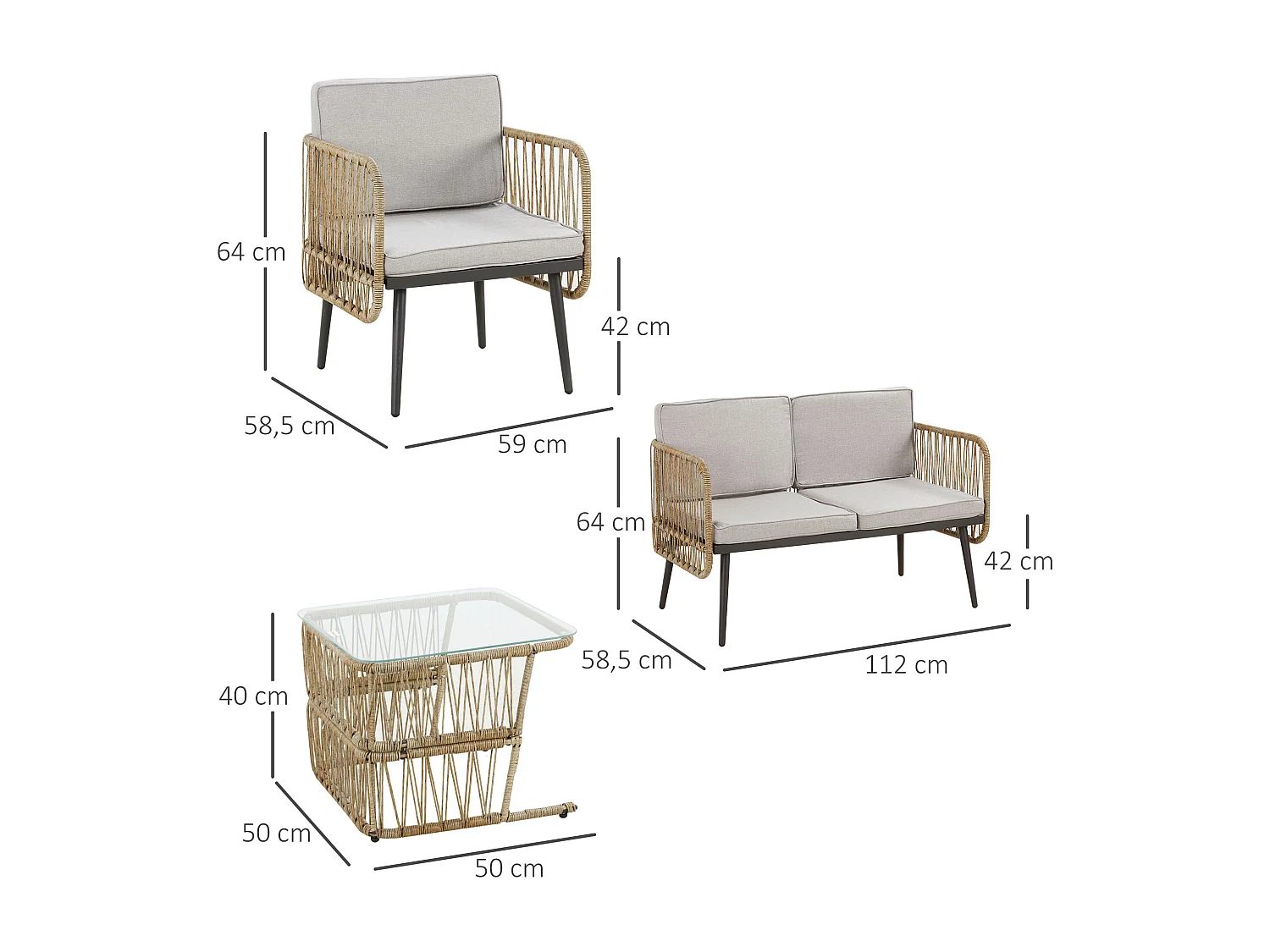 Salon de jardin 4 places 4 pièces style colonial table basse coussins beige inclus résine tressée aspect rotin