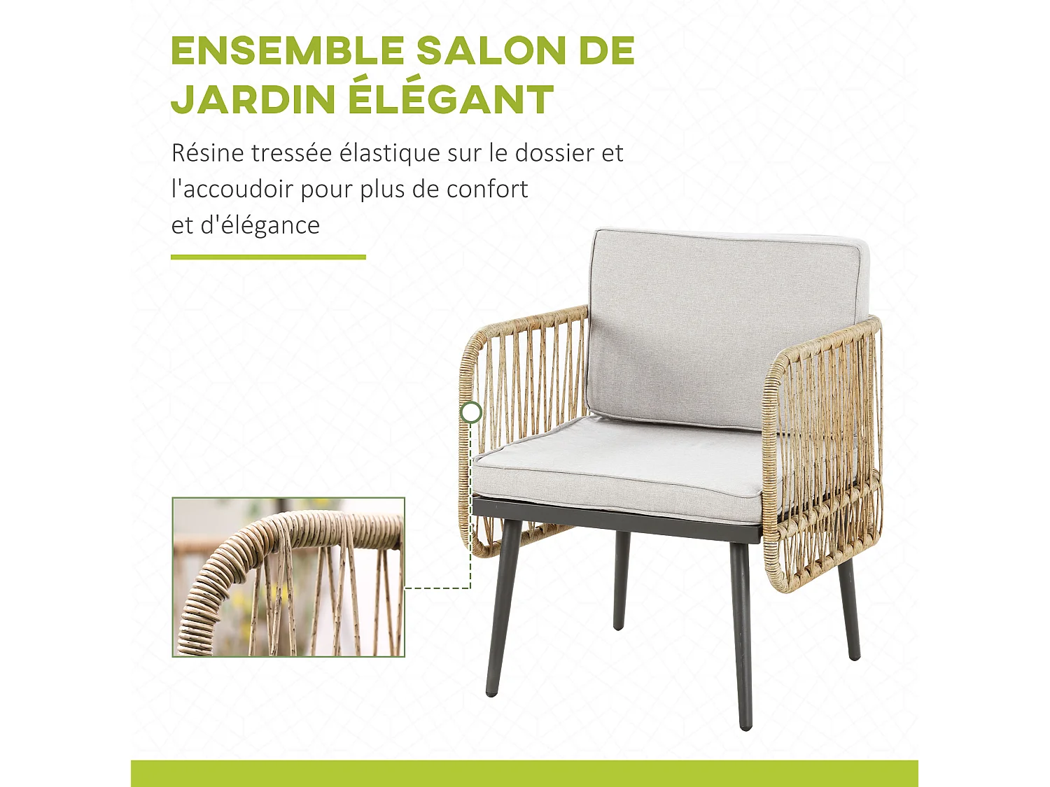 Salon de jardin 4 places 4 pièces style colonial table basse coussins beige inclus résine tressée aspect rotin