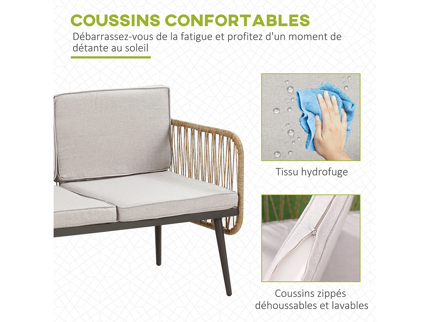 Salon de jardin 4 places 4 pièces style colonial table basse coussins beige inclus résine tressée aspect rotin