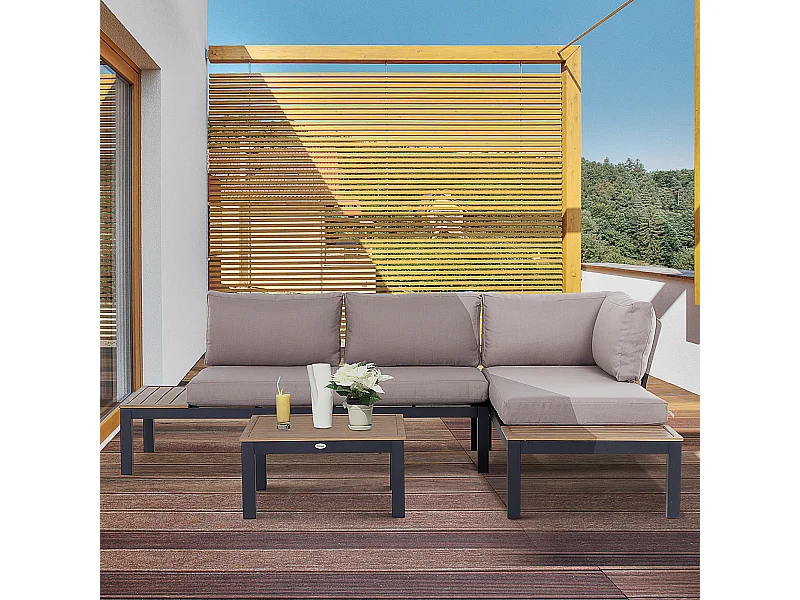 Ensemble salon de jardin d'angle design contemporain 5 places coussins marron table basse alu. noir et imitation bois