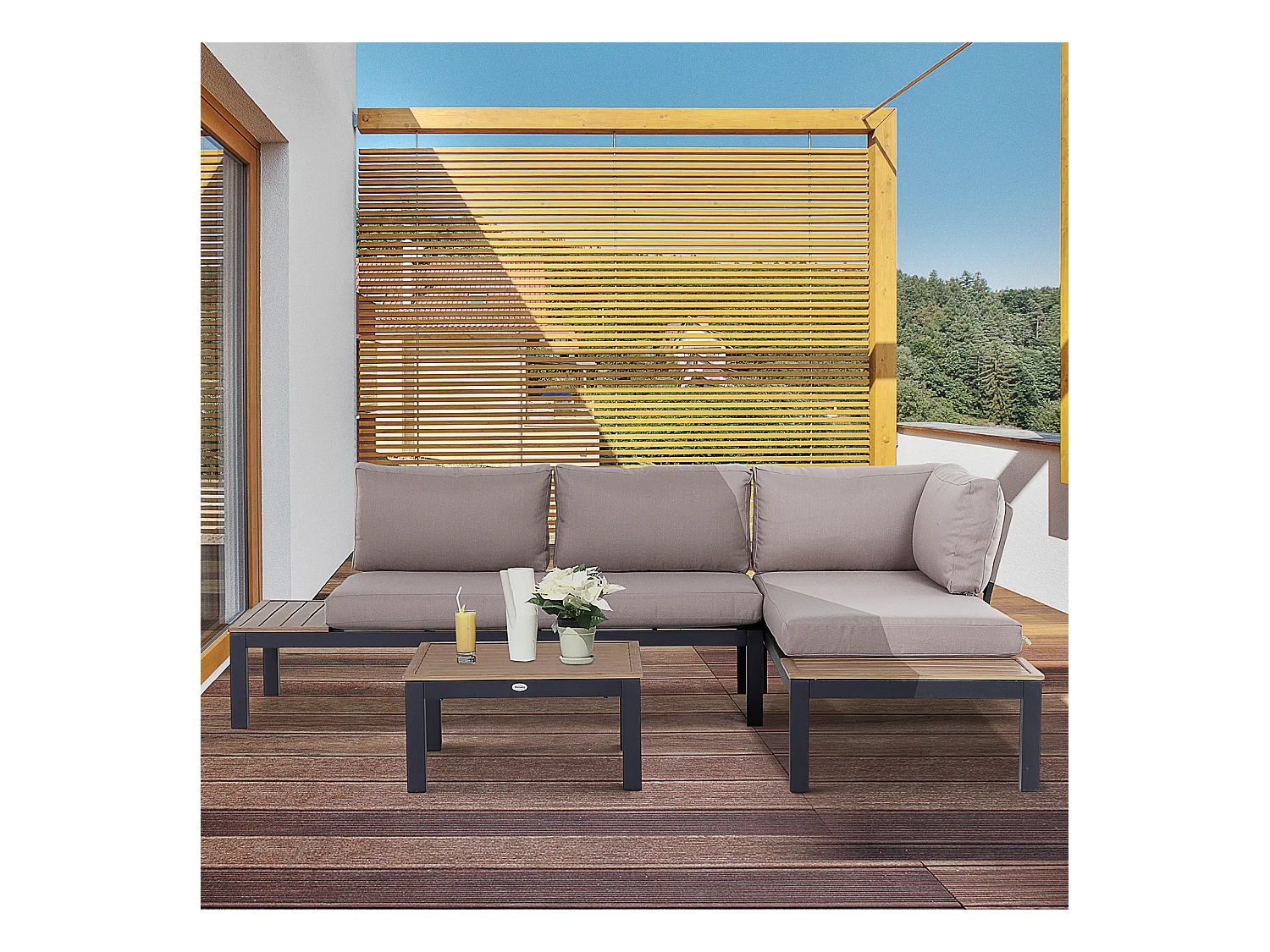 Ensemble salon de jardin d'angle design contemporain 5 places coussins marron table basse alu. noir et imitation bois