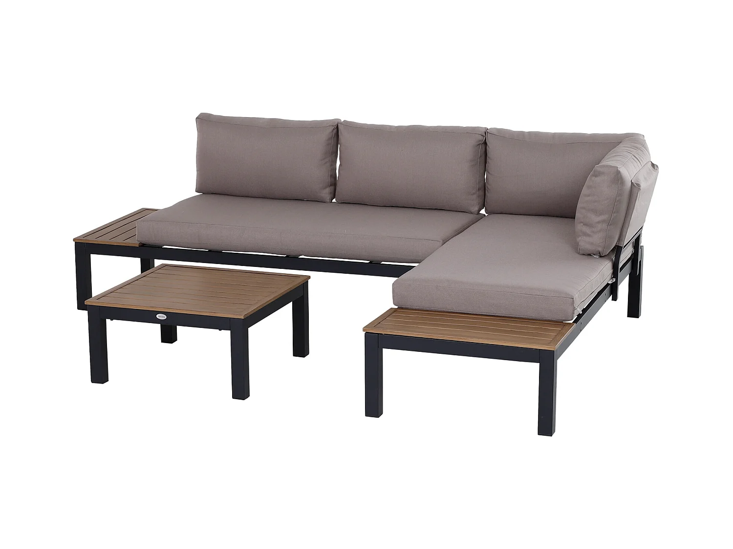 Ensemble salon de jardin d'angle design contemporain 5 places coussins marron table basse alu. noir et imitation bois