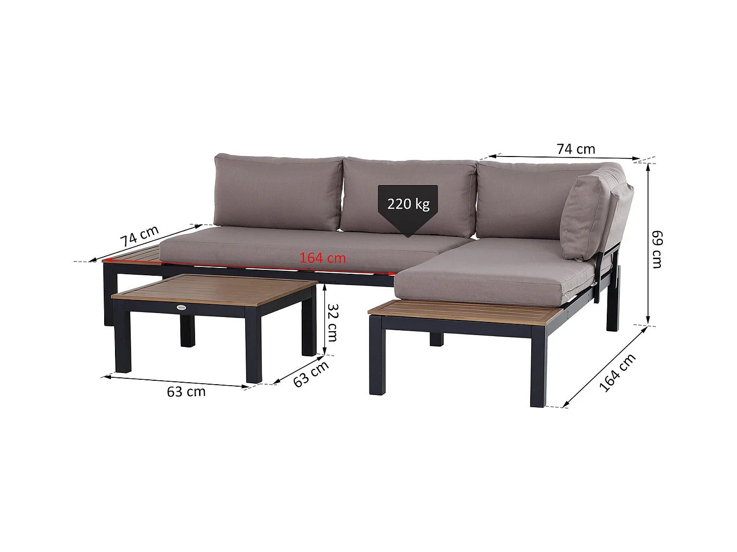 Ensemble salon de jardin d'angle design contemporain 5 places coussins marron table basse alu. noir et imitation bois