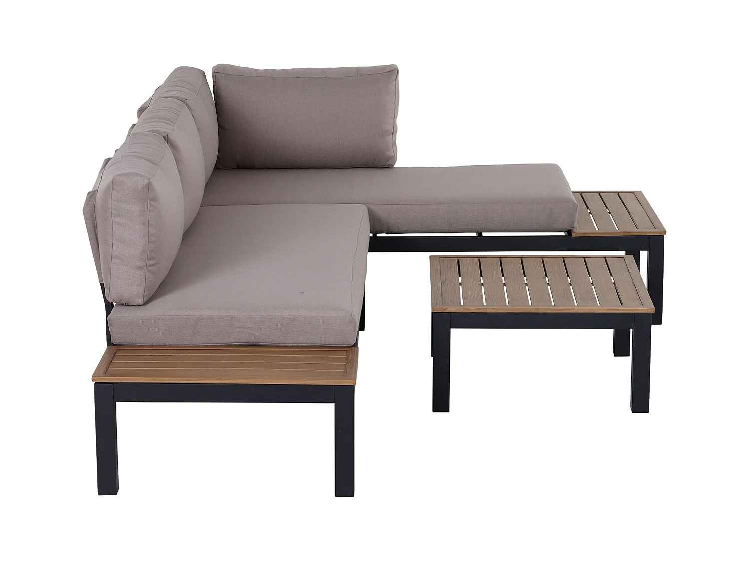 Ensemble salon de jardin d'angle design contemporain 5 places coussins marron table basse alu. noir et imitation bois