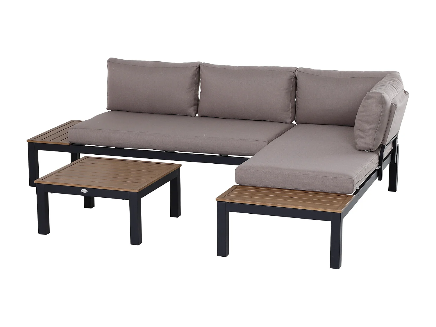 Ensemble salon de jardin d'angle design contemporain 5 places coussins marron table basse alu. noir et imitation bois