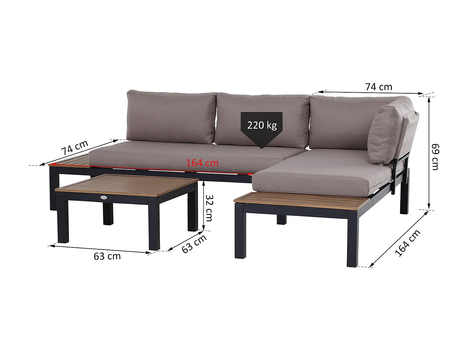 Ensemble salon de jardin d'angle design contemporain 5 places coussins marron table basse alu. noir et imitation bois