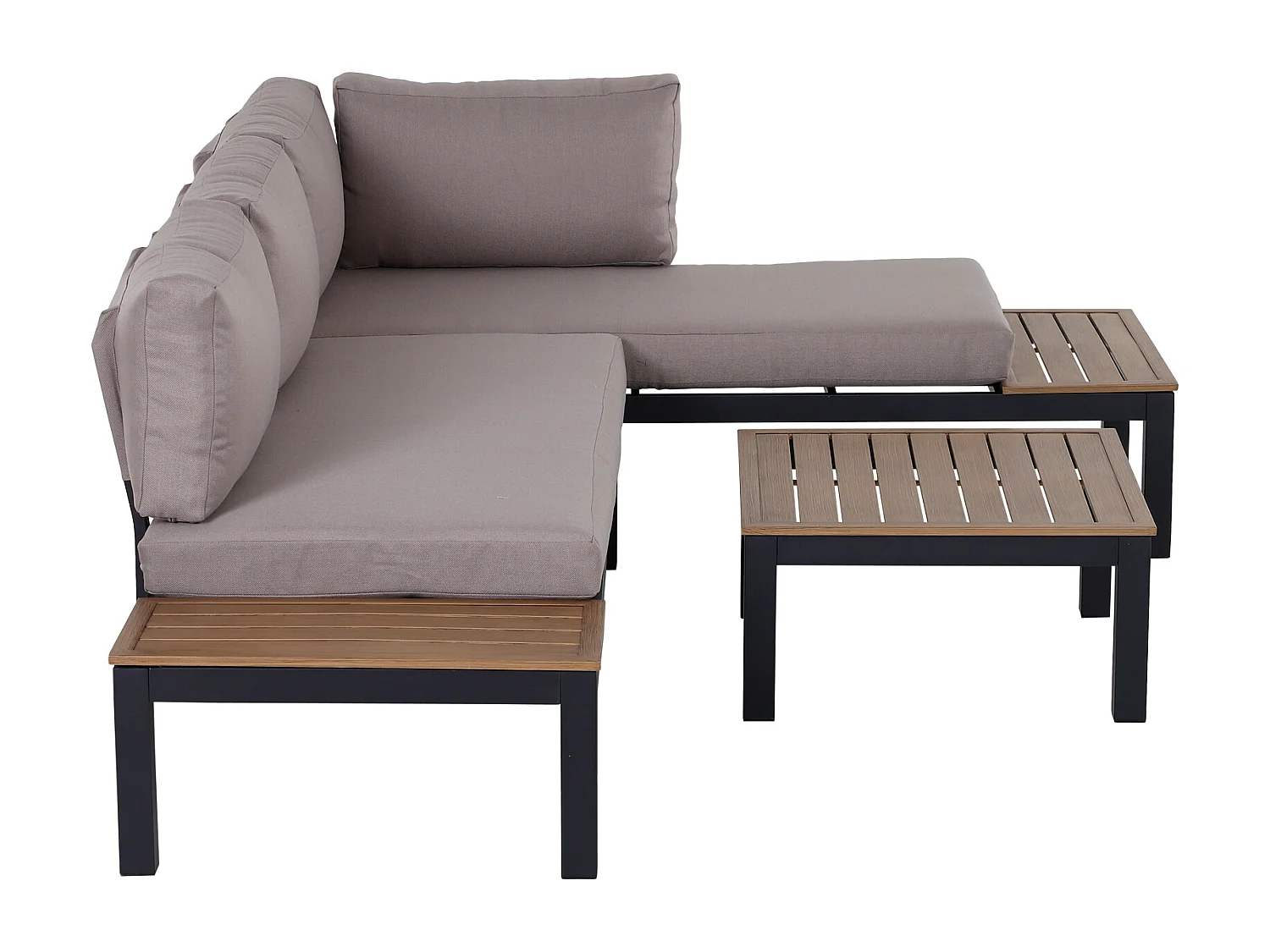 Ensemble salon de jardin d'angle design contemporain 5 places coussins marron table basse alu. noir et imitation bois