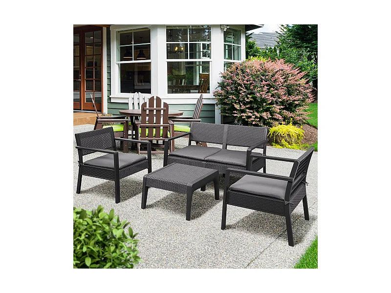 Ensemble salon de jardin 4 places 4 pièces design style yachting coussins déhoussables inclus table basse métal époxy résine tressée anthracite