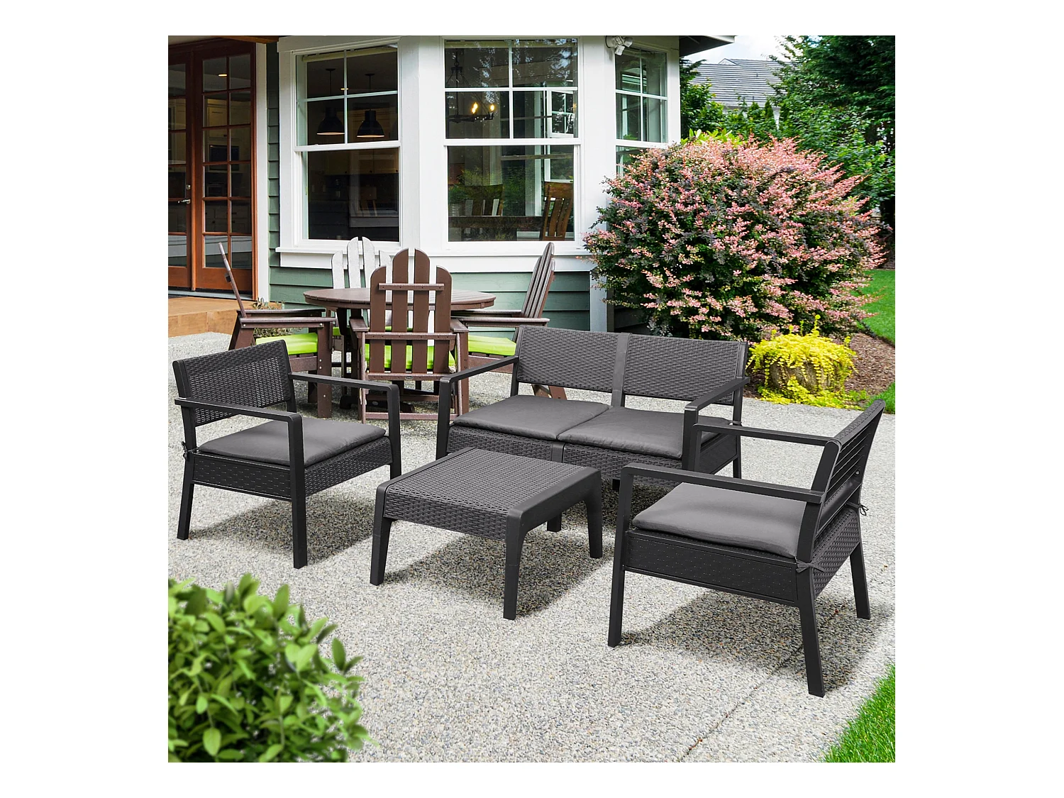 Ensemble salon de jardin 4 places 4 pièces design style yachting coussins déhoussables inclus table basse métal époxy résine tressée anthracite