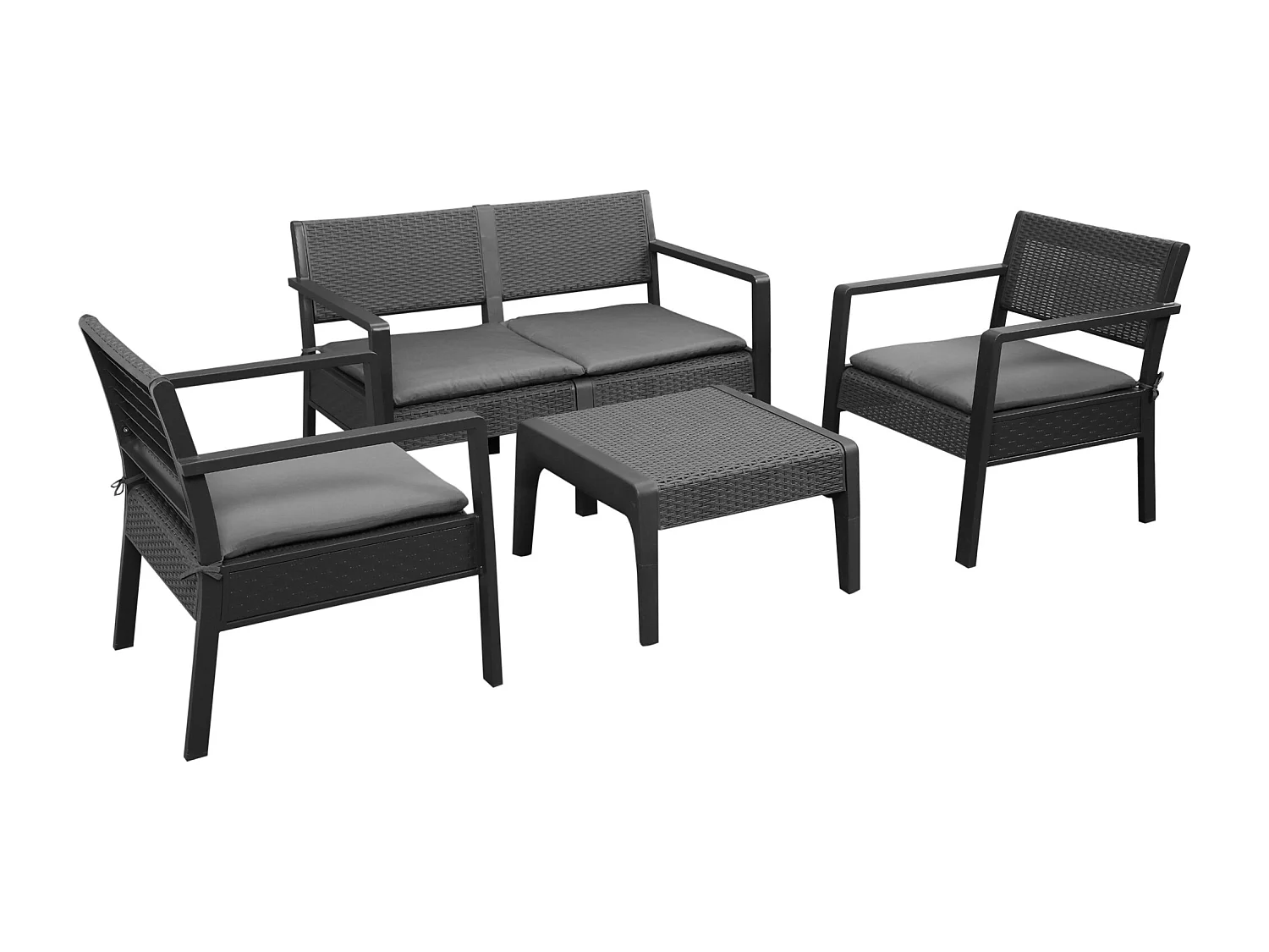 Ensemble salon de jardin 4 places 4 pièces design style yachting coussins déhoussables inclus table basse métal époxy résine tressée anthracite