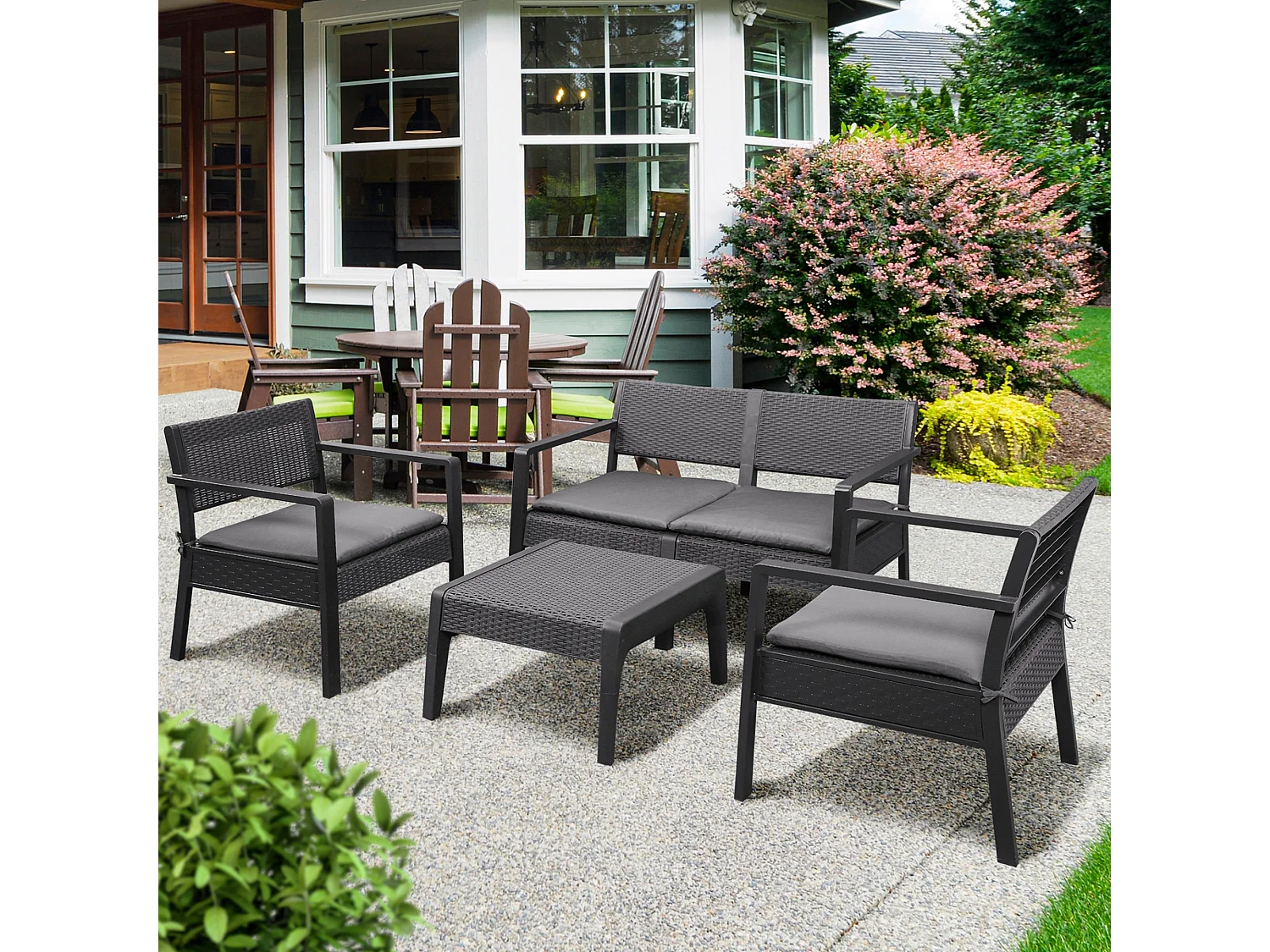 Ensemble salon de jardin 4 places 4 pièces design style yachting coussins déhoussables inclus table basse métal époxy résine tressée anthracite