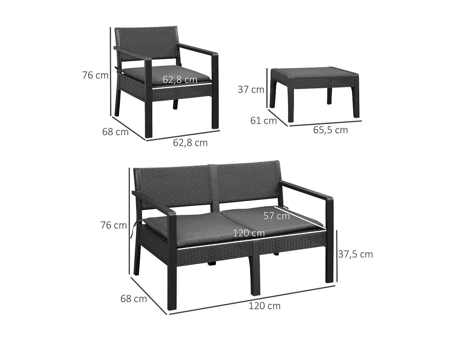Ensemble salon de jardin 4 places 4 pièces design style yachting coussins déhoussables inclus table basse métal époxy résine tressée anthracite