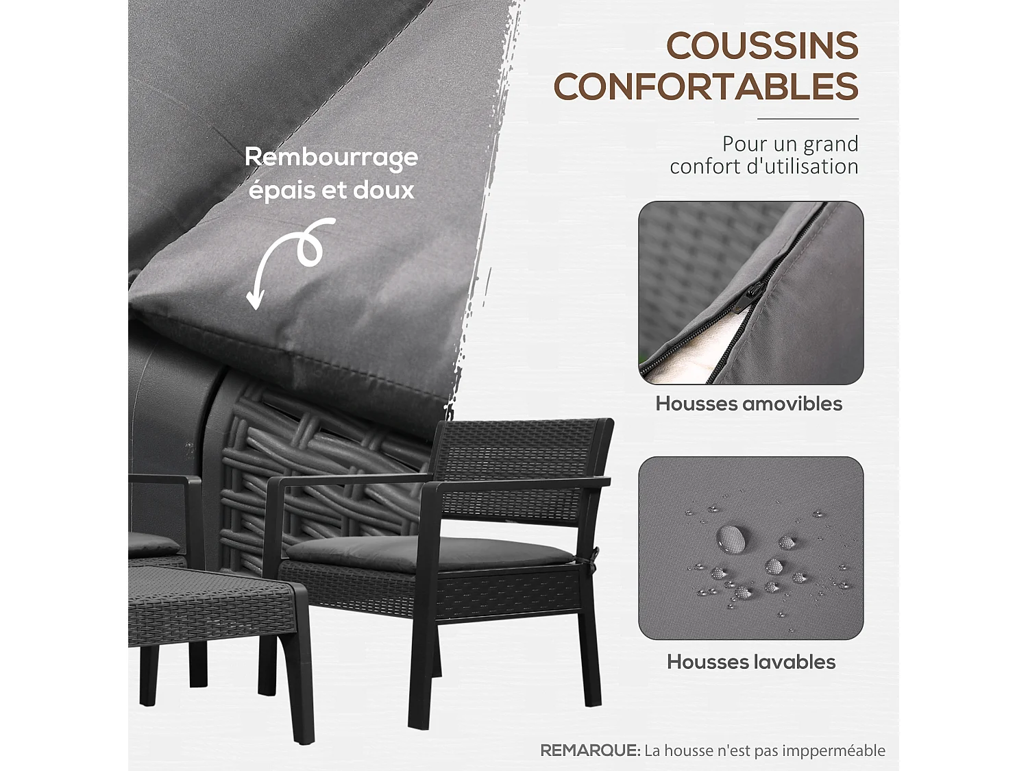 Ensemble salon de jardin 4 places 4 pièces design style yachting coussins déhoussables inclus table basse métal époxy résine tressée anthracite