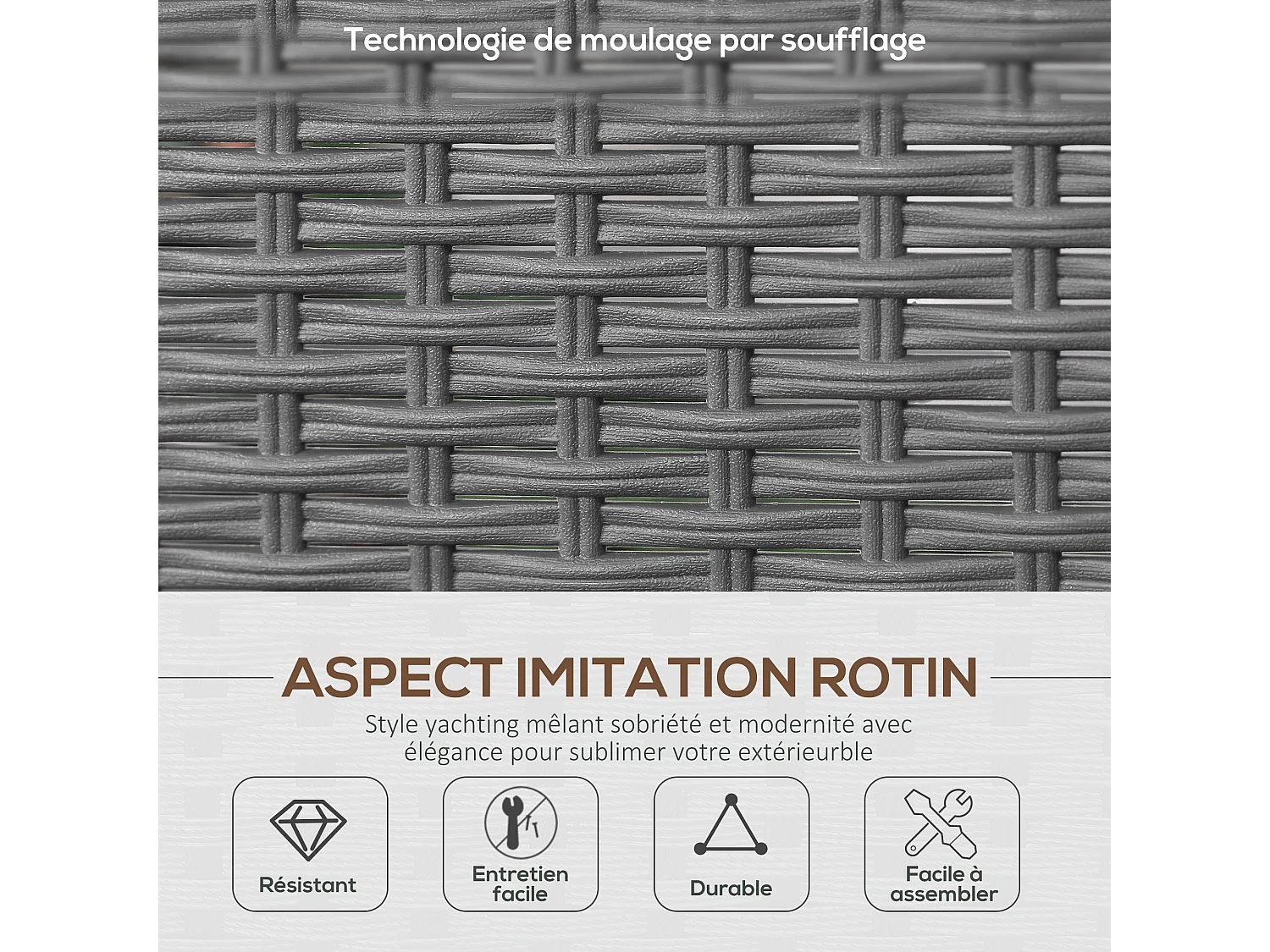 Ensemble salon de jardin 4 places 4 pièces design style yachting coussins déhoussables inclus table basse métal époxy résine tressée anthracite