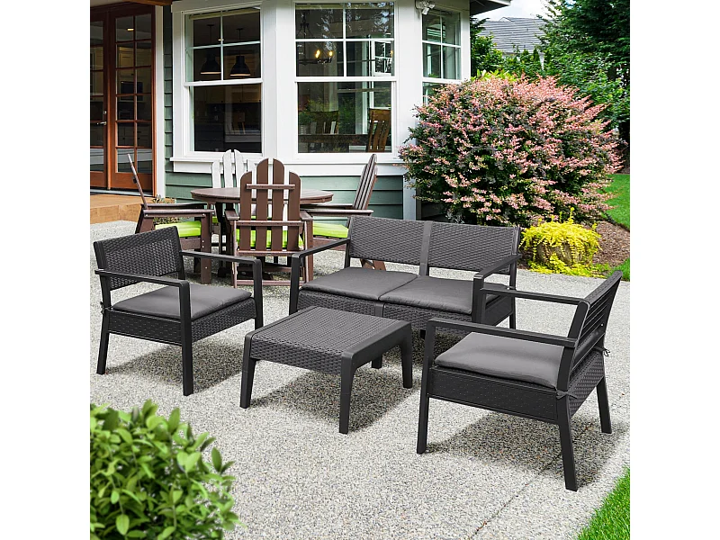 Ensemble salon de jardin 4 places 4 pièces design style yachting coussins déhoussables inclus table basse métal époxy résine tressée anthracite