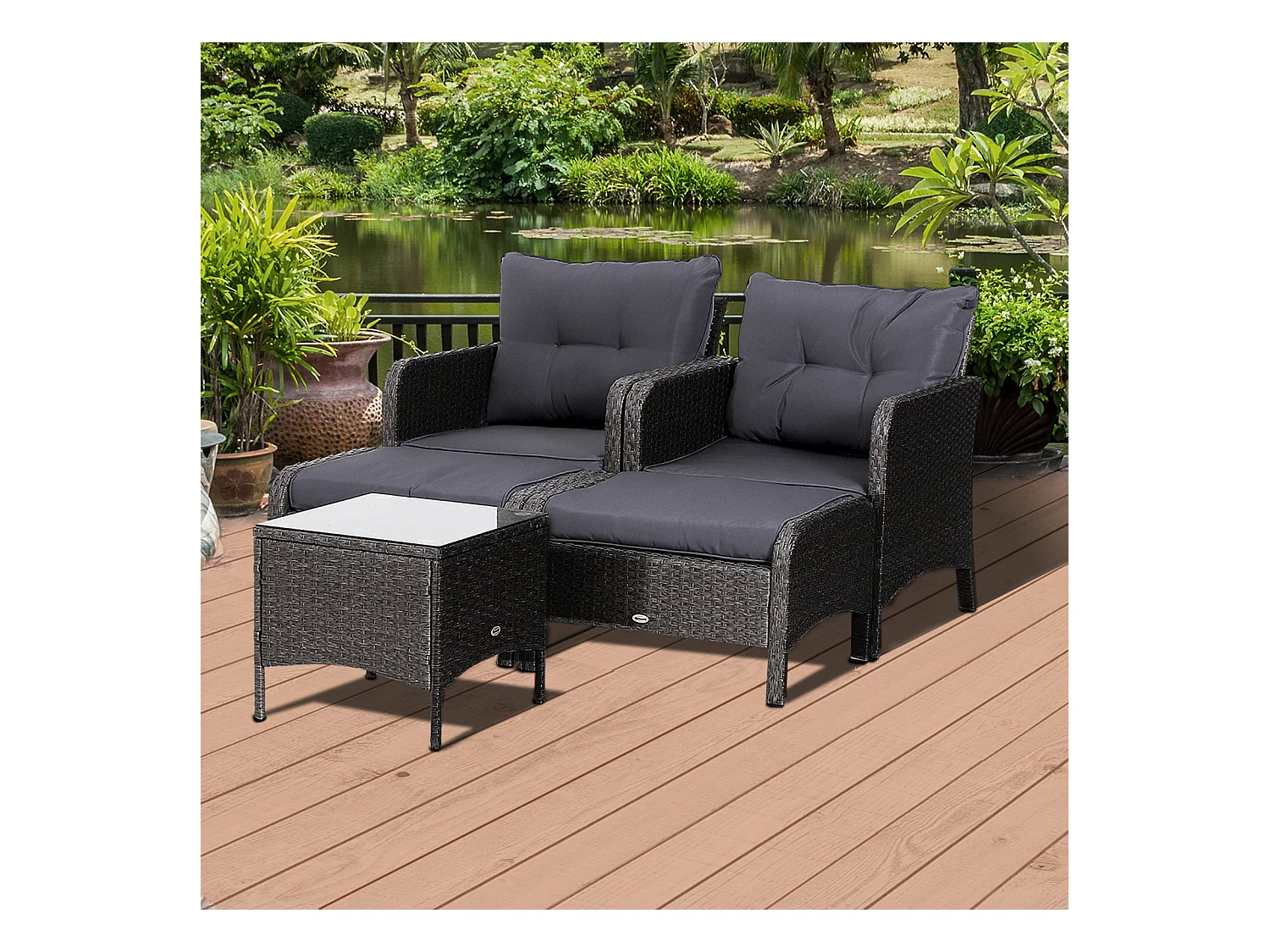 Outsunny Lot de 2 fauteuils de jardin grand confort repose-pied table basse résine tressée imitation rotin coussins gris