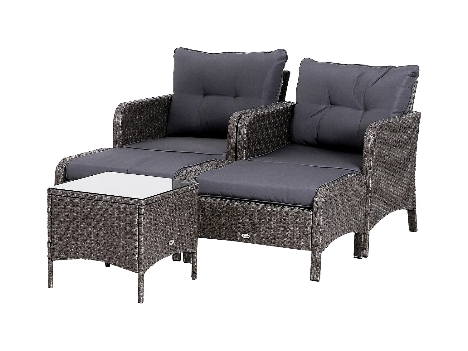 Outsunny Lot de 2 fauteuils de jardin grand confort repose-pied table basse résine tressée imitation rotin coussins gris