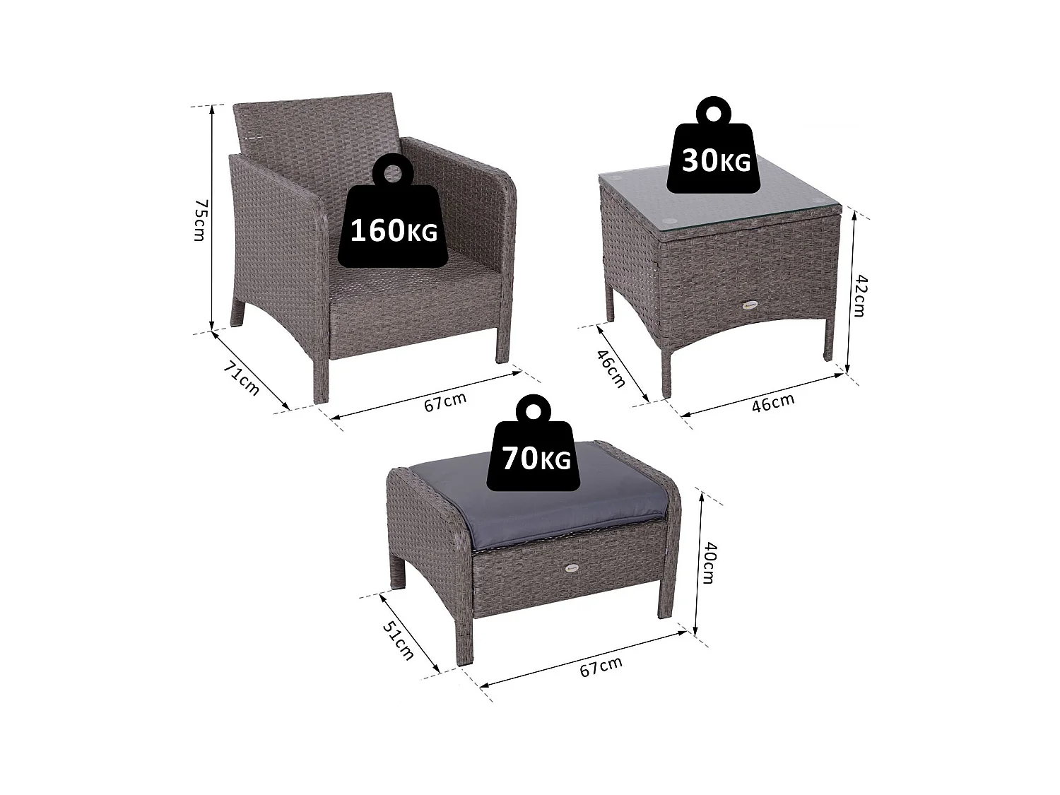Outsunny Lot de 2 fauteuils de jardin grand confort repose-pied table basse résine tressée imitation rotin coussins gris