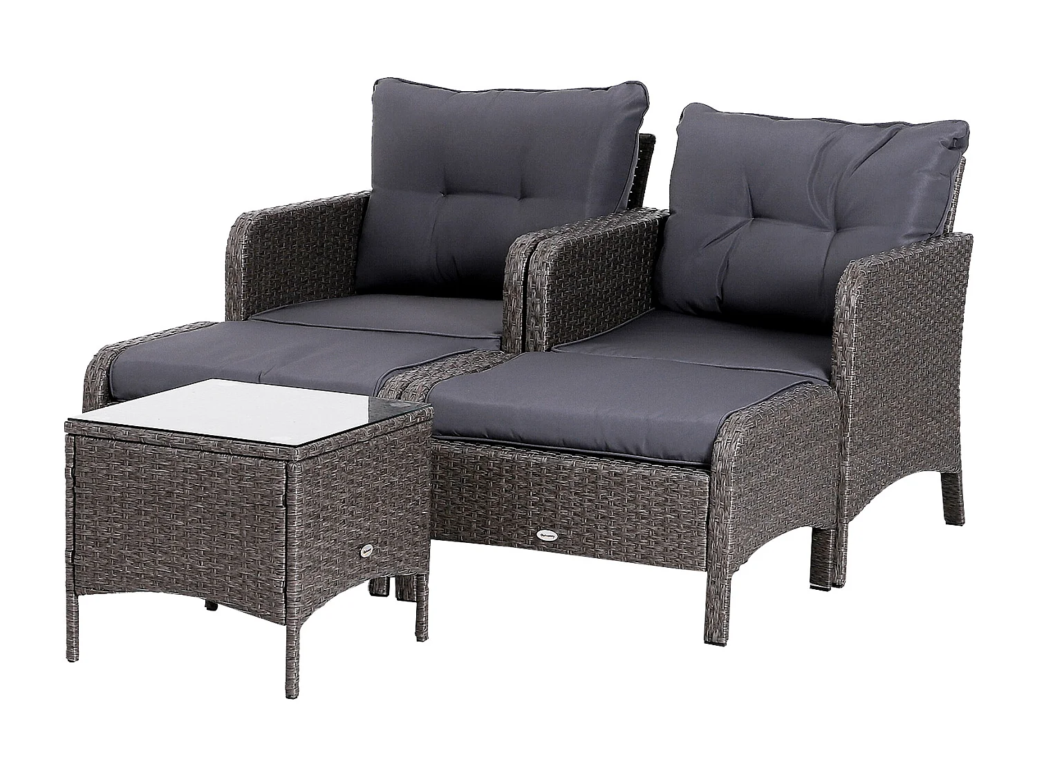 Outsunny Lot de 2 fauteuils de jardin grand confort repose-pied table basse résine tressée imitation rotin coussins gris