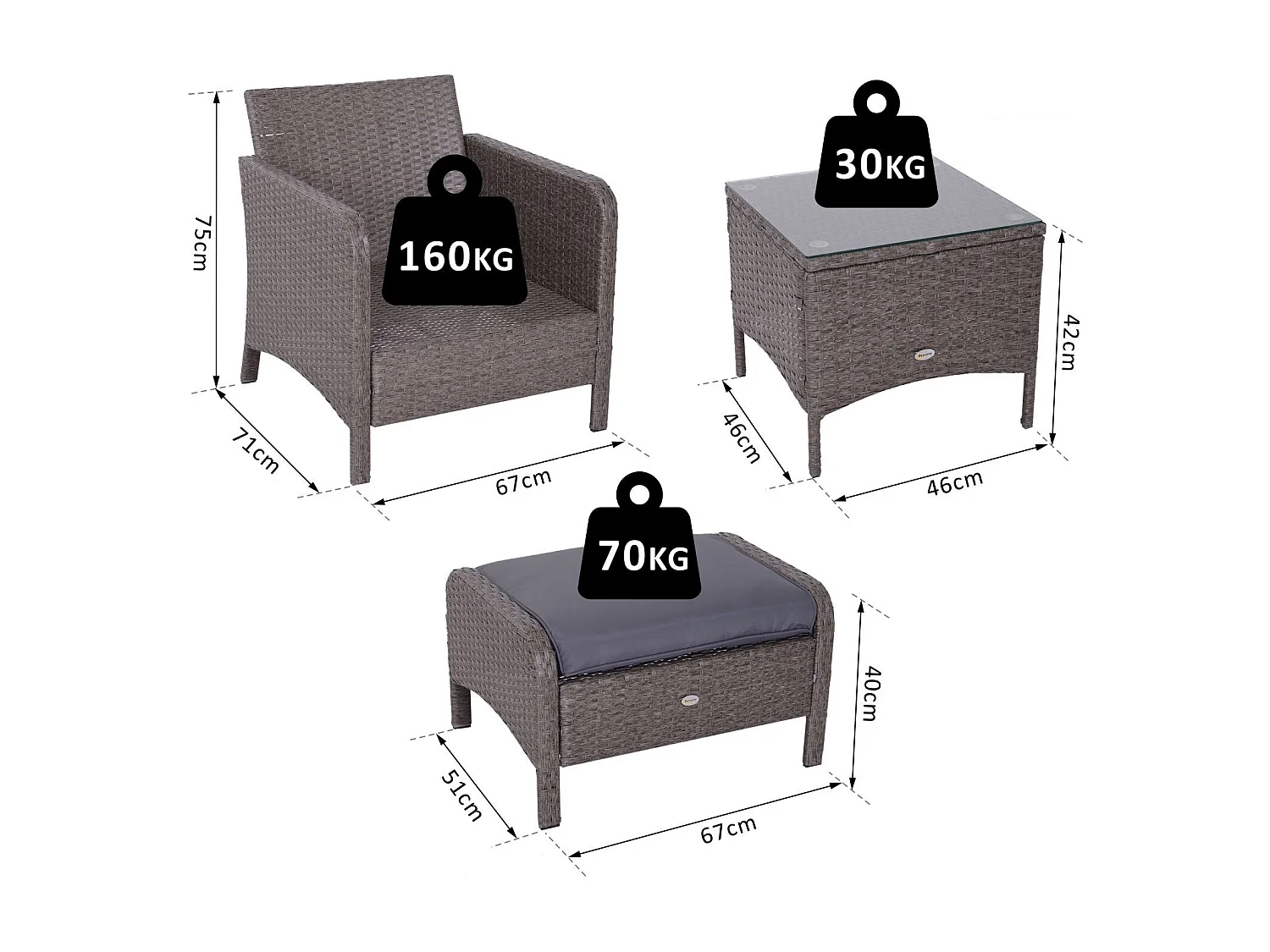 Outsunny Lot de 2 fauteuils de jardin grand confort repose-pied table basse résine tressée imitation rotin coussins gris