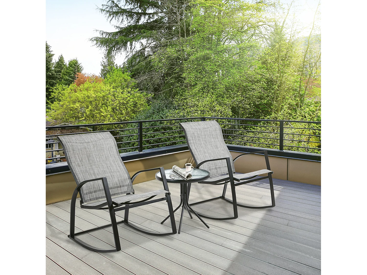 Ensemble de jardin 3 pièces 2 fauteuils à bascule table basse plateau verre trempé acier époxy textilène gris