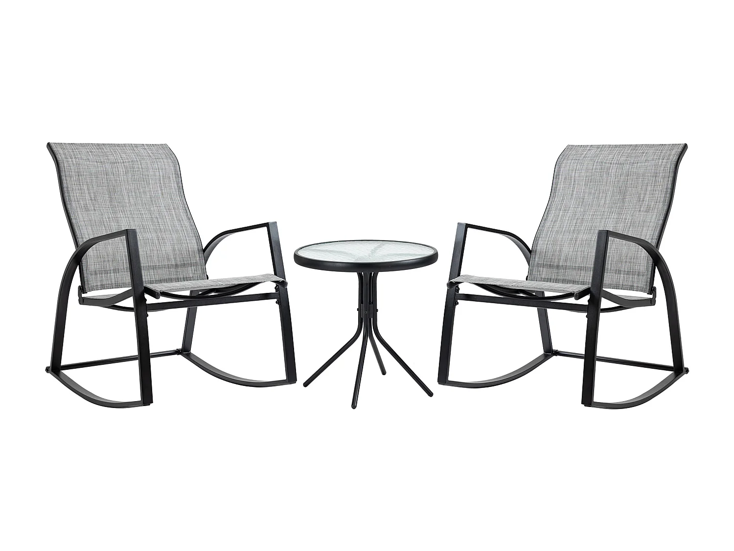 Ensemble de jardin 3 pièces 2 fauteuils à bascule table basse plateau verre trempé acier époxy textilène gris