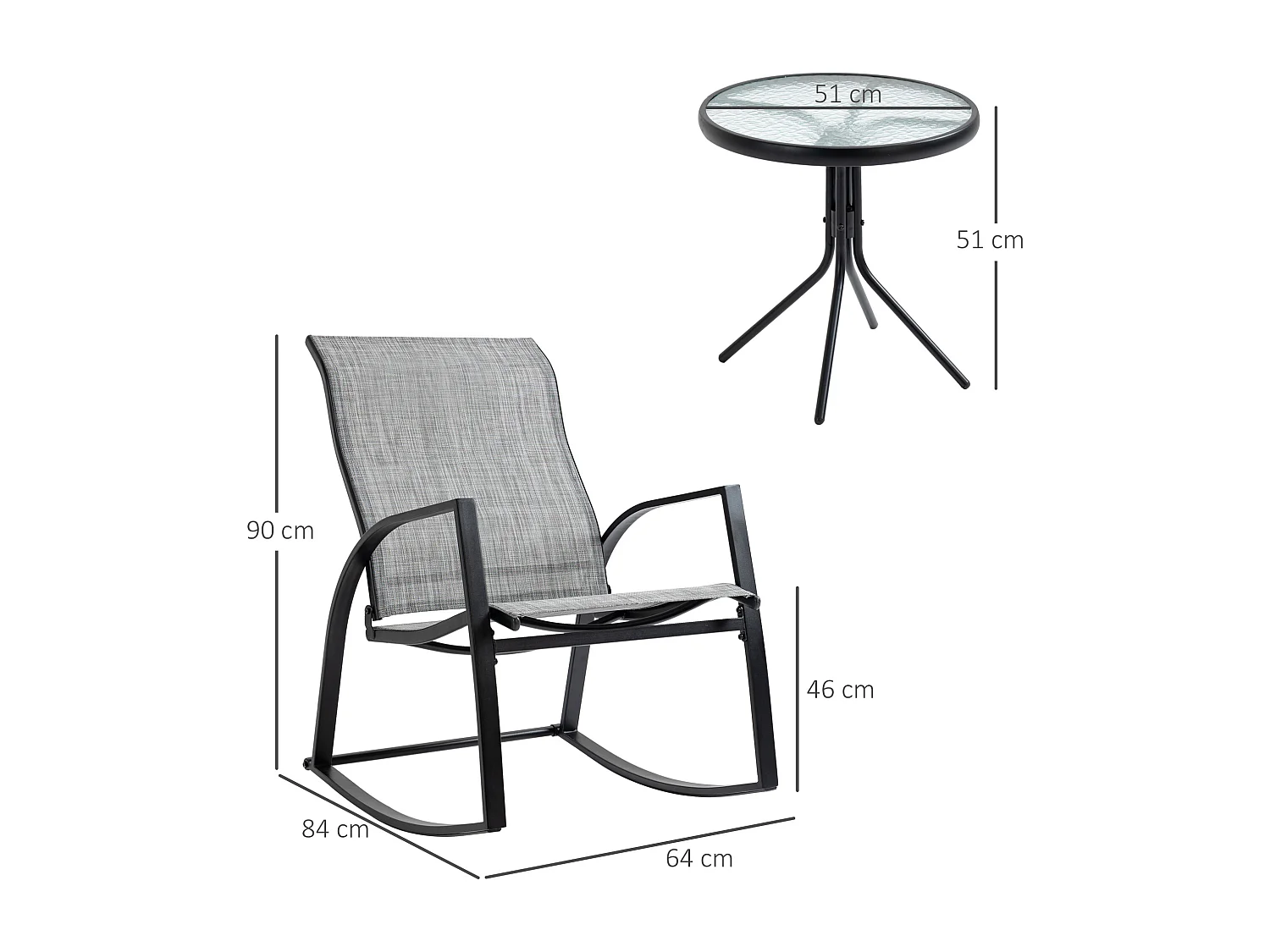 Ensemble de jardin 3 pièces 2 fauteuils à bascule table basse plateau verre trempé acier époxy textilène gris