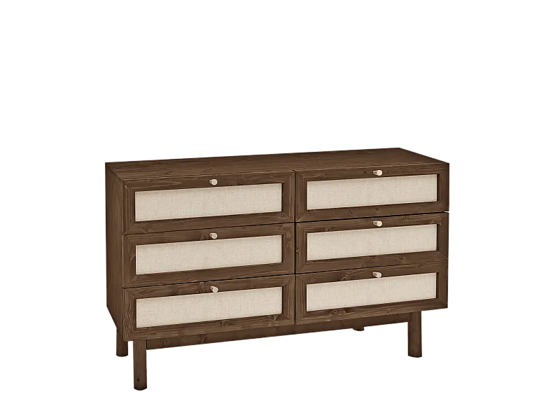 Commode en bois de sapin et lin à six tiroirs marron 76x120cm - LINEN - DECOWOOD