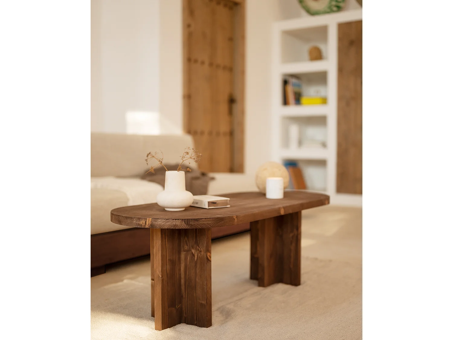 Mesa de centro ovalada de madera de abeto Decowood color roble oscuro de 120x40cm - TOKYO - DECOWOOD