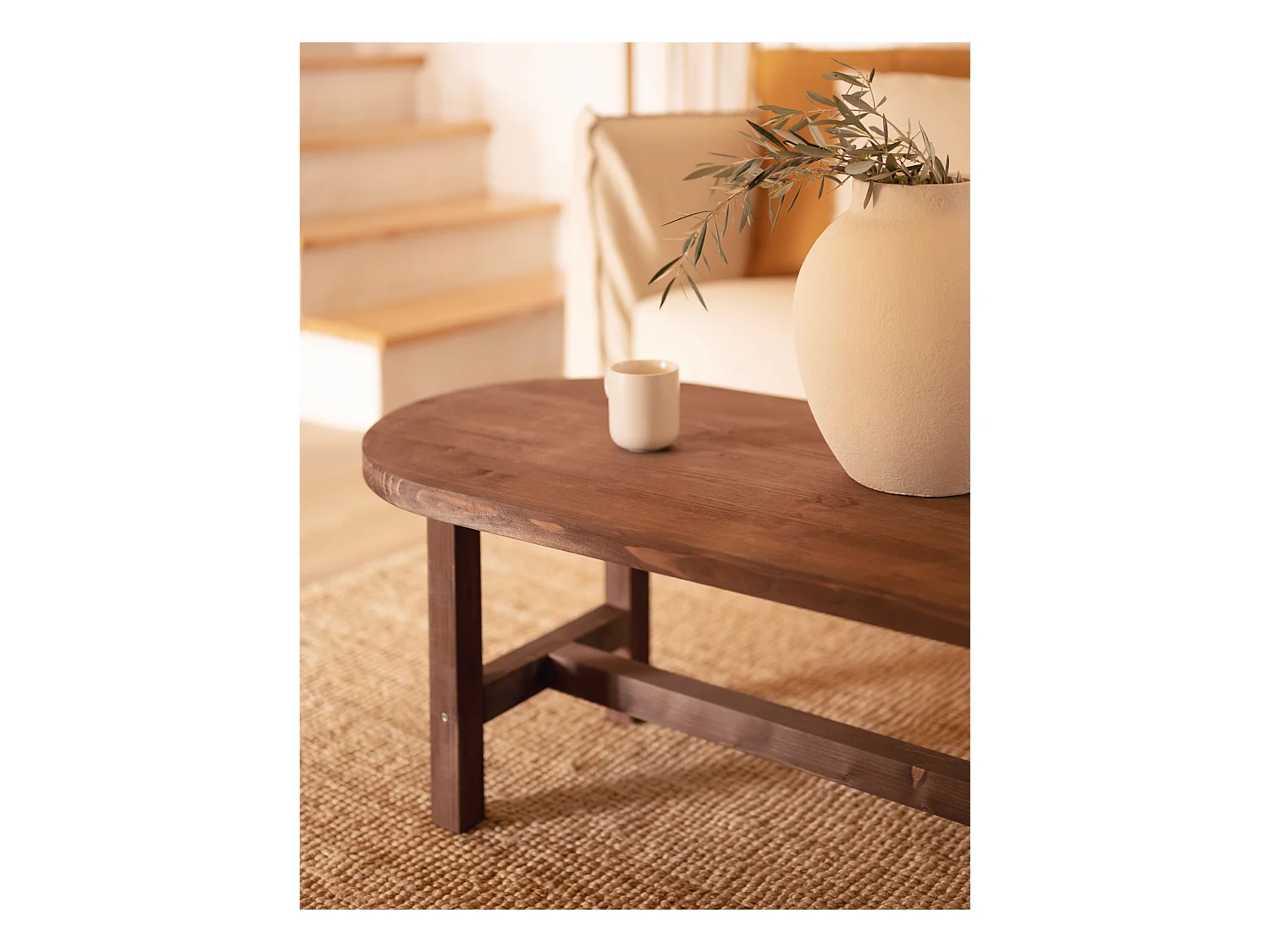 Mesa de centro ovalada de madera de abeto Decowood en color nogal de 120x40cm - OLIVIA - DECOWOOD