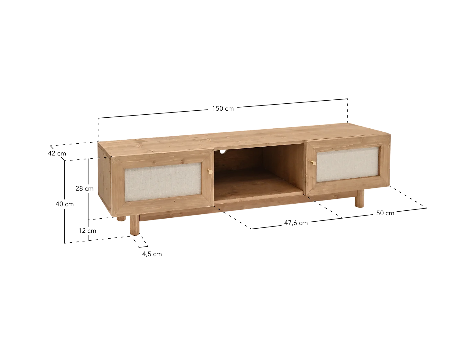 Meuble TV en bois de sapin marron 150x40cm - LINEN - DECOWOOD