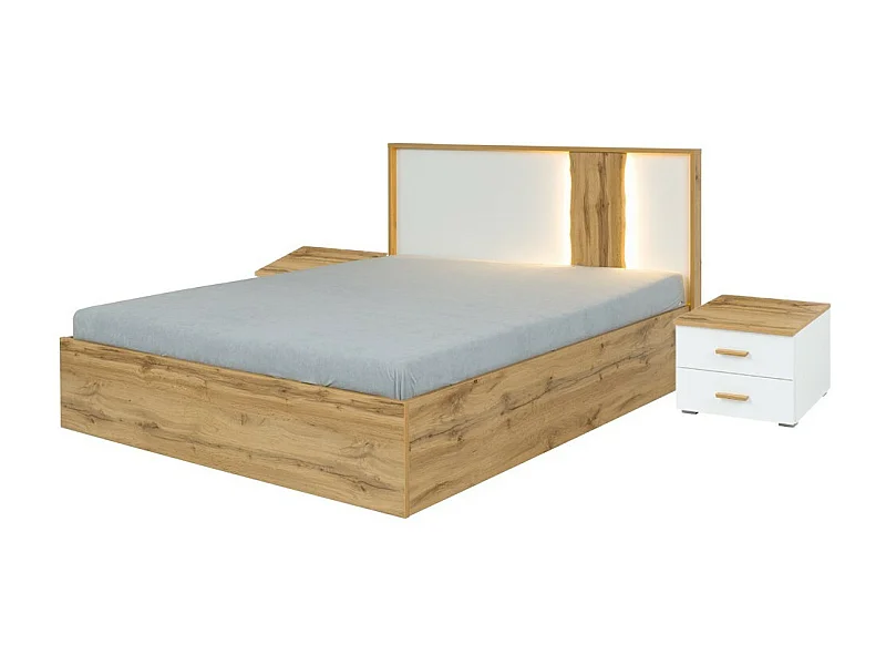 Pakket bed met opbergruimte 160x200 + 2 nachtkastjes WOOD kleur wit en eiken