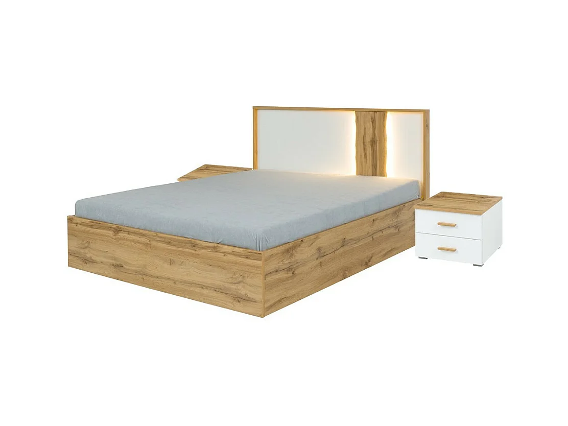 Pack lit coffre 160x200 + 2 chevets WOOD coloris blanc et chêne