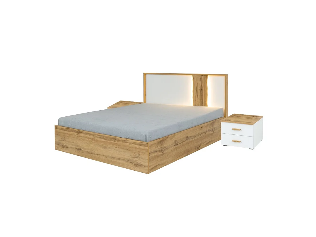 Pack Bett mit Bettkasten 160x200 + 2 Nachttische WOOD Farbe weiß und Eiche