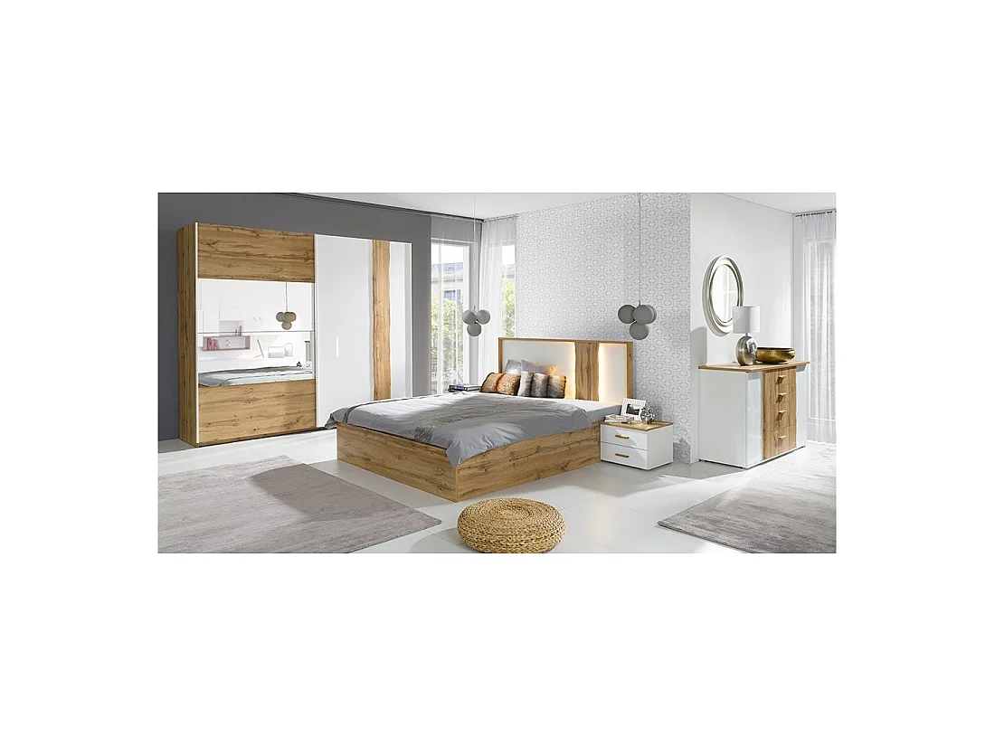 Pack Bett mit Bettkasten 160x200 + 2 Nachttische WOOD Farbe weiß und Eiche