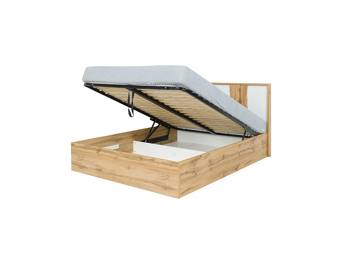 Pack Bett mit Bettkasten 160x200 + 2 Nachttische WOOD Farbe weiß und Eiche