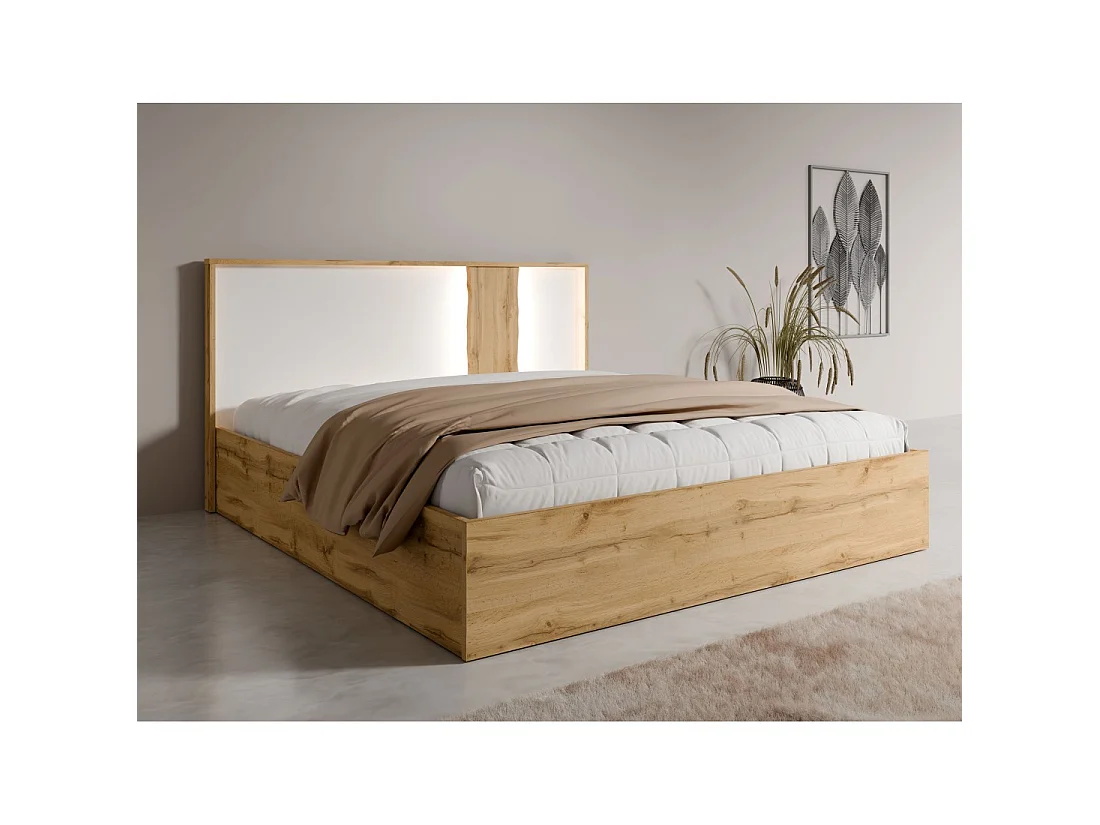 Pack Bett mit Bettkasten 160x200 + 2 Nachttische WOOD Farbe weiß und Eiche