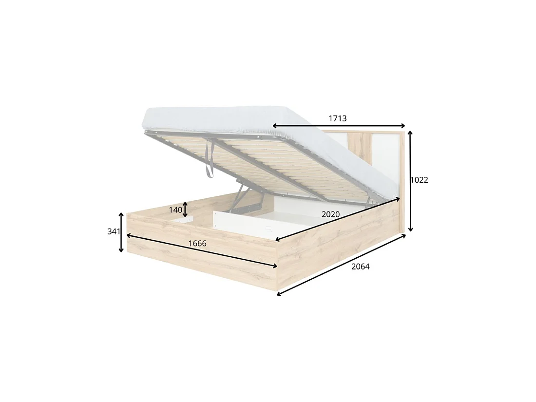 Pack Bett mit Bettkasten 160x200 + 2 Nachttische WOOD Farbe weiß und Eiche