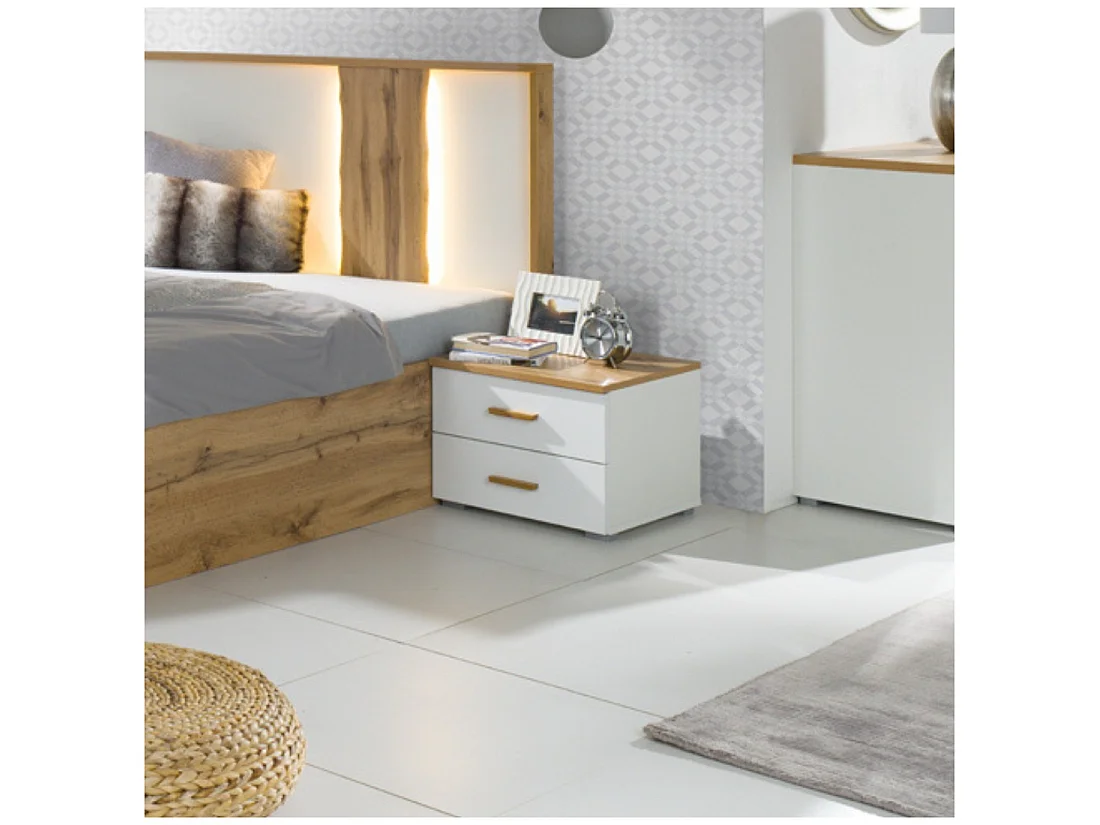 Pack Bett mit Bettkasten 160x200 + 2 Nachttische WOOD Farbe weiß und Eiche
