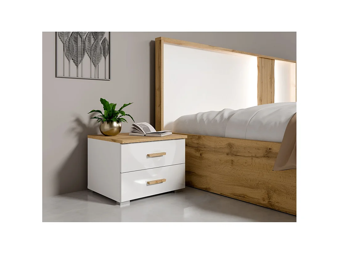 Pack Bett mit Bettkasten 160x200 + 2 Nachttische WOOD Farbe weiß und Eiche