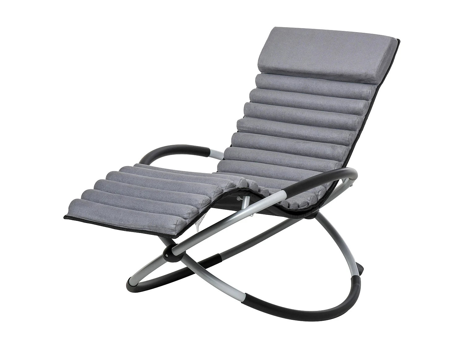 Chaise longue à bascule pliable rocking chair design contemporain avec matelas revêtement aspect daim métal textilène gris noir