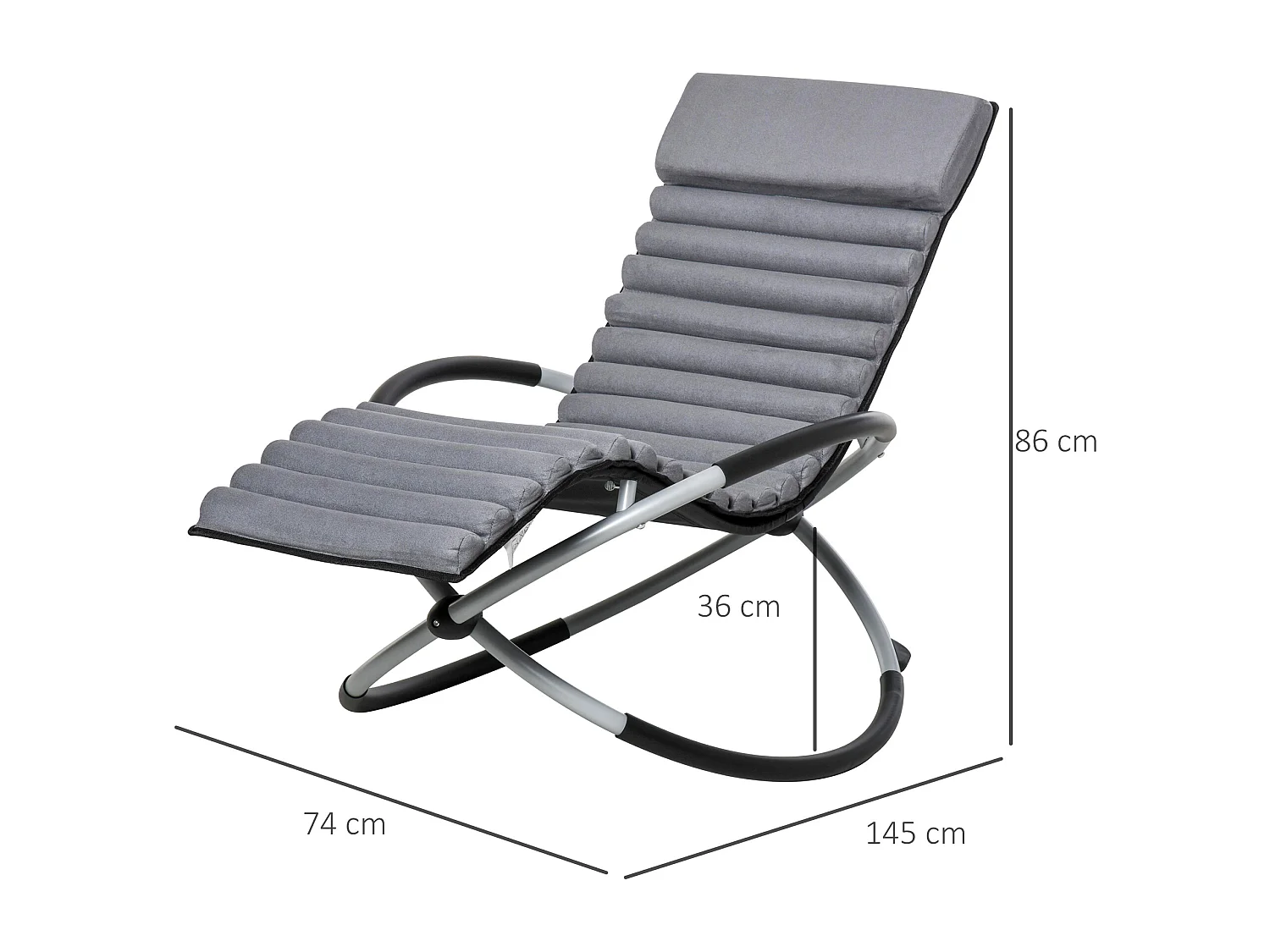 Chaise longue à bascule pliable rocking chair design contemporain avec matelas revêtement aspect daim métal textilène gris noir
