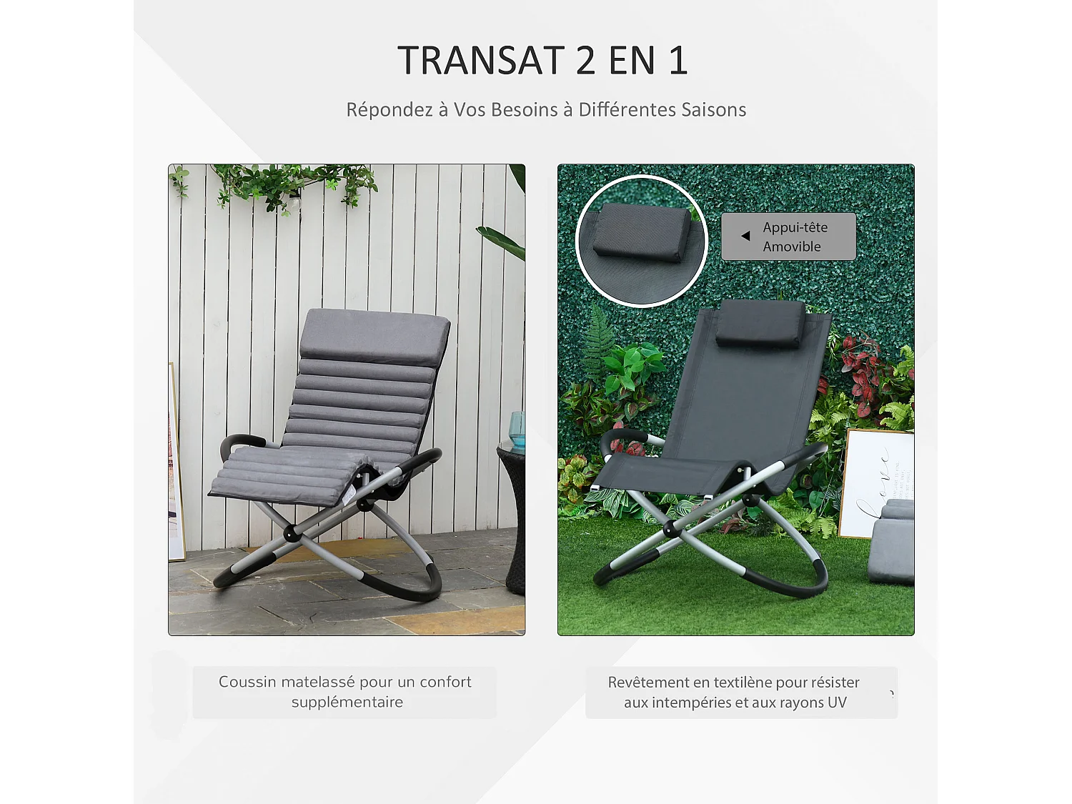 Chaise longue à bascule pliable rocking chair design contemporain avec matelas revêtement aspect daim métal textilène gris noir