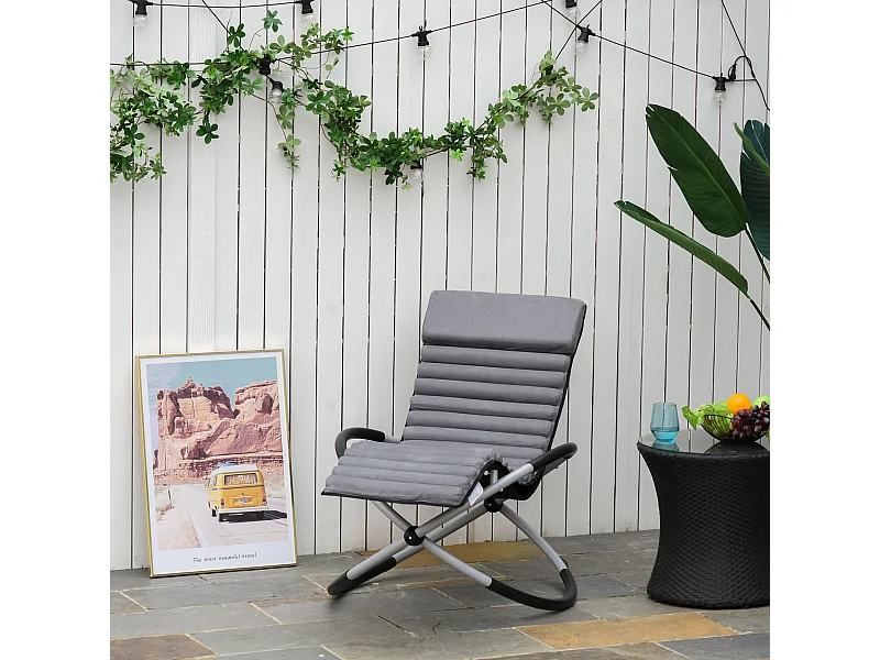 Chaise longue à bascule pliable rocking chair design contemporain avec matelas revêtement aspect daim métal textilène gris noir