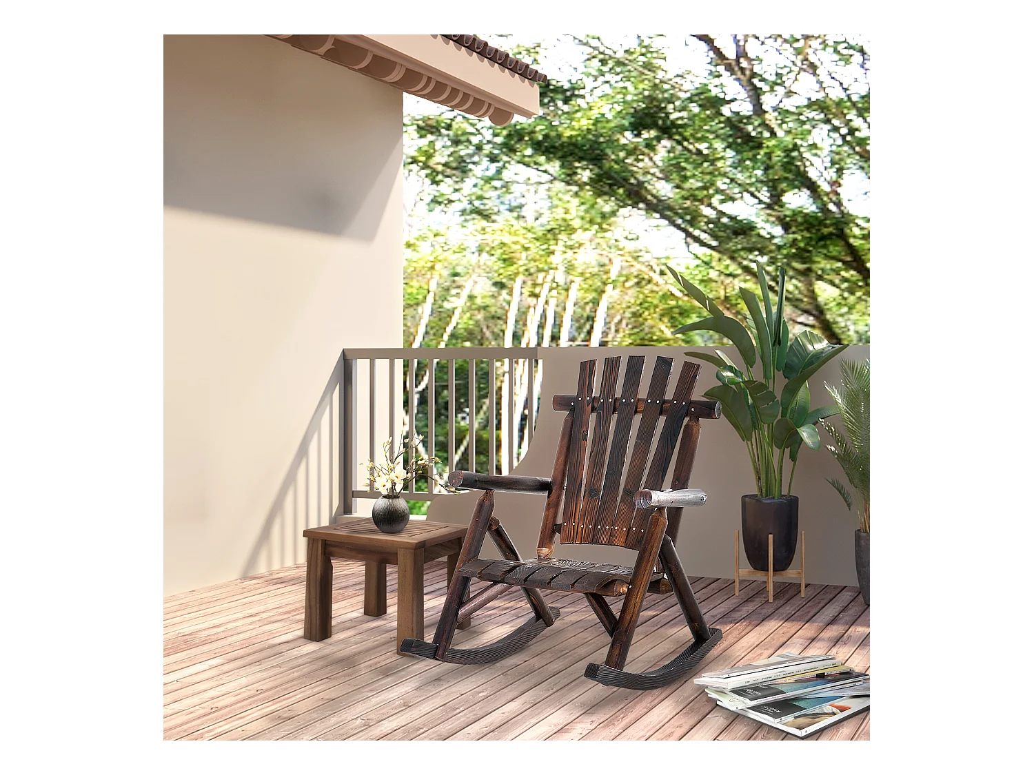 Fauteuil de jardin Adirondack à bascule rocking chair style rustique chic bois sapin traité carbonisation