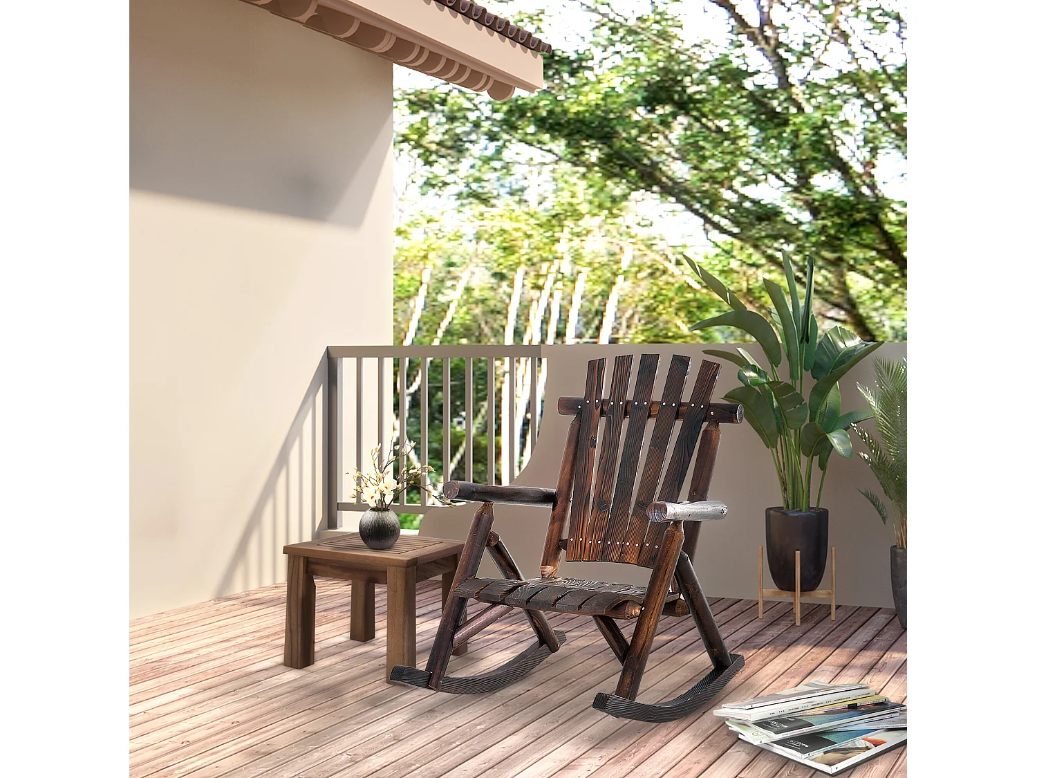 Fauteuil de jardin Adirondack à bascule rocking chair style rustique chic bois sapin traité carbonisation