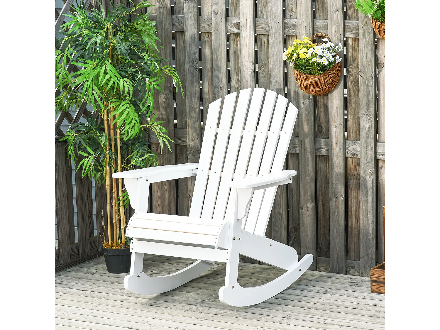 Fauteuil de jardin Adirondack à bascule rocking chair style néo-rétro assise dossier ergonomique bois sapin traité peint blanc
