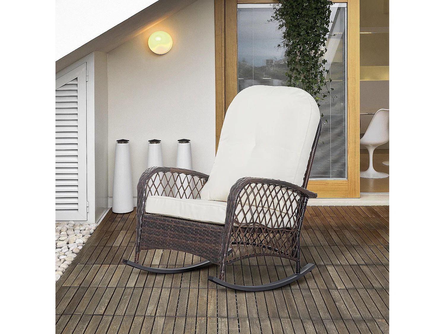 Fauteuil à bascule rocking chair intérieur extérieur en résine tressée avec coussins moelleux - dim. 75L x 103P x 96H cm - marron crème