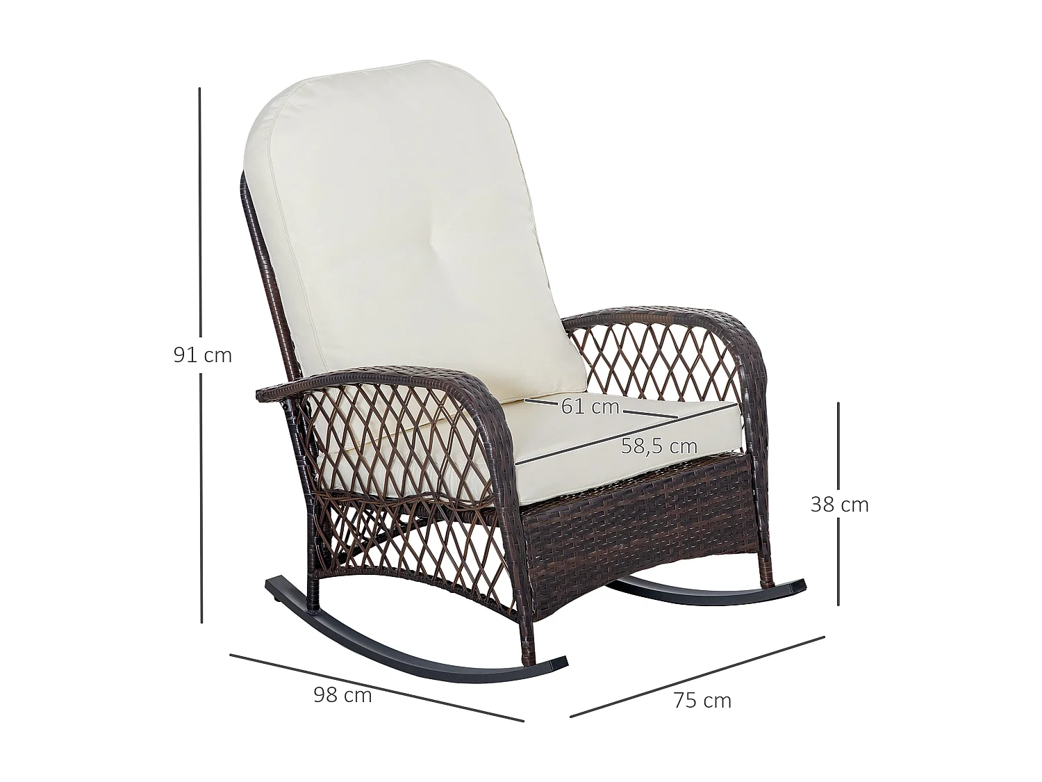 Fauteuil à bascule rocking chair intérieur extérieur en résine tressée avec coussins moelleux - dim. 75L x 103P x 96H cm - marron crème