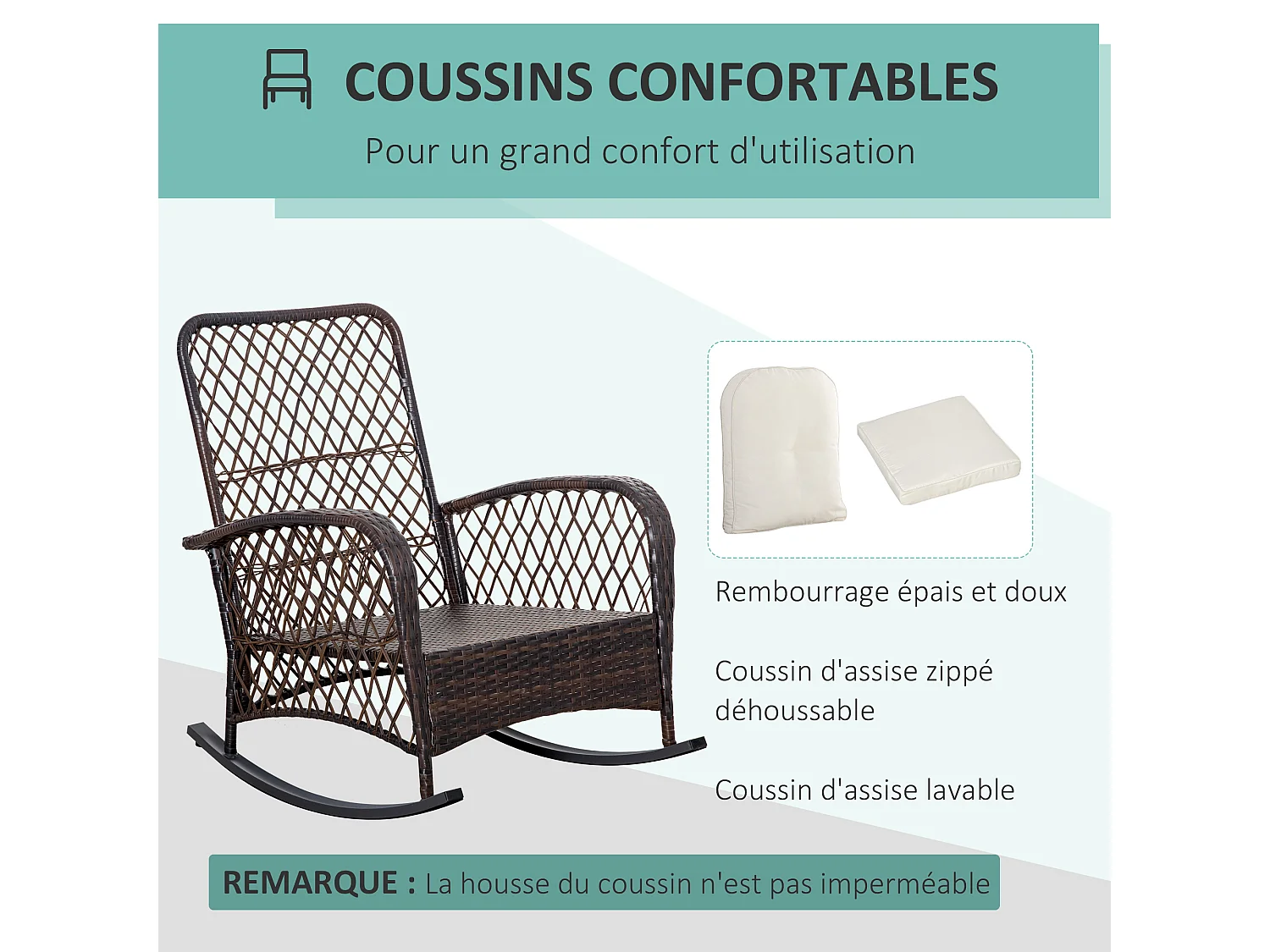 Fauteuil à bascule rocking chair intérieur extérieur en résine tressée avec coussins moelleux - dim. 75L x 103P x 96H cm - marron crème